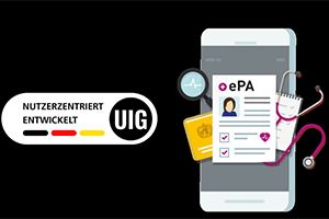 Logo des UIG-Siegels neben einem Smartphone mit der ePA Patientenakte-App auf dem Display