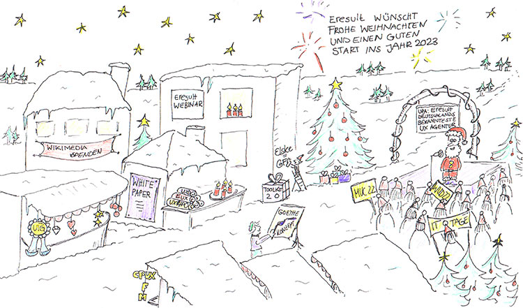 Ein detailreich gezeichneter Weihnachtsmarkt mit den Höhepunkten 2022 aus dem Agentur-Leben von eresult