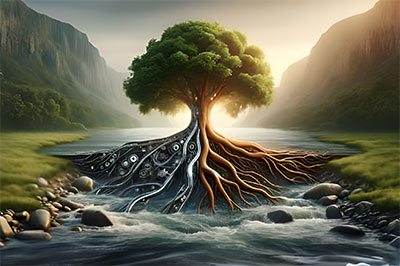 KI generiertes Bild von einem Baum, der mit seinen großen Wurzeln inmitten eines Flusses wurzelt