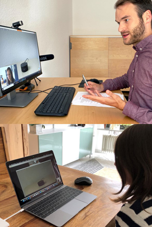 Interviewer und Testperson sitzen in verschiedenen Räumen vor einem Bildschrim beim Remote UX-Testing