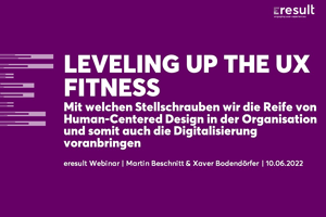 Startfolie mit Titel zum UX-Webinar "Leveling up the UX Fitness"