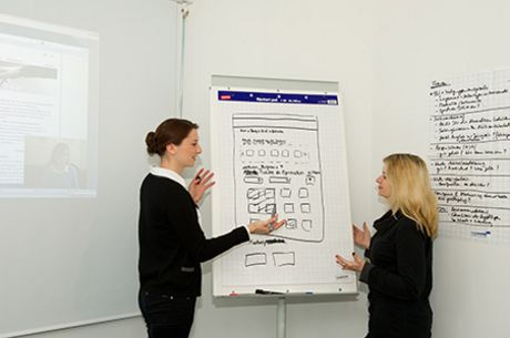 Zwei Personen stehen vor einem beschrifteten Whiteboard und unterhalten sich.